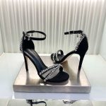 Open toed rhinestone single button hollow sandals for women, matte black party slim heeled high-heeled shoes