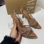 ZA New 2024 Summer Thin Heel Splicing with Brown Style High Heel Shoes Women's Pointed Fashion Style Sandals Women's Trend