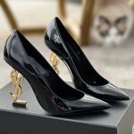 2024 Celebrity Same Black Lacquer Leather Letter High Heel Women's Shoes with Shallow Mouth Fashion and Sexy Pointed Thin Heel Shoes for Autumn and Winter