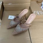 ZA2025 New Pointed High Heels Fashionable and Versatile Mesh with Full Diamond sequins Decorated Rear Air Narrow Heels Cool Slippers for Women