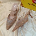 ZA2025 New Pointed High Heels Fashionable and Versatile Mesh with Full Diamond sequins Decorated Rear Air Narrow Heels Cool Slippers for Women