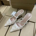 Premium White Mesh Embroidered Pointed Toe Heels with Pearl Detailing
