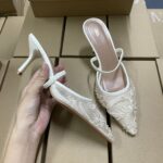 Premium White Mesh Embroidered Pointed Toe Heels with Pearl Detailing - Image 4