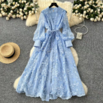 Elegant Floral Lace Gown Dress with Long Lantern Sleeves and Waist Tie
