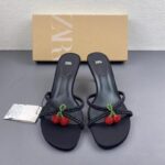 Beaded Cherry Detail Black Heeled Sandals for Women