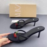 Beaded Cherry Detail Black Heeled Sandals for Women - Image 3