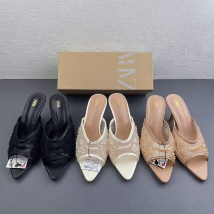 Premium Floral Embroidered Pointed Toe Mules - Elegant Party Wear Heels