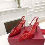 Premium Red Rhinestone Pointed Slingback Heels with Logo Buckle