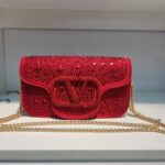 Premium Red Rhinestone Clutch Bag with Gold Chain and Logo Buckle