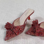G-Sparkling Red Crystal Bow Pointed Toe Mule Heels - Image 2
