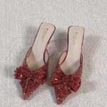 G-Sparkling Red Crystal Bow Pointed Toe Mule Heels - Image 3