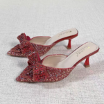 G-Sparkling Red Crystal Bow Pointed Toe Mule Heels