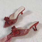 G-Sparkling Red Crystal Bow Pointed Toe Mule Heels - Image 4