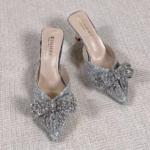 G-Sparkling Silver Crystal Bow Pointed Toe Mule Heels - Image 4