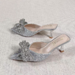G-Sparkling Silver Crystal Bow Pointed Toe Mule Heels