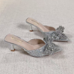 G-Sparkling Silver Crystal Bow Pointed Toe Mule Heels - Image 2