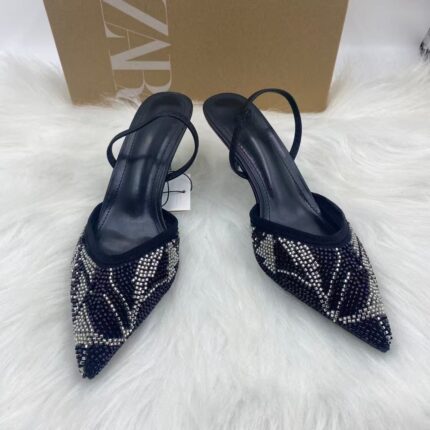 Elegant Pointed Toe Beaded Slingback Heels