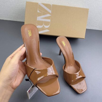 Zara Patent Leather Heeled Mules – Tan Brown