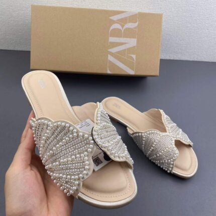 Zara Pearl & Bead Embellished Flat Sandals