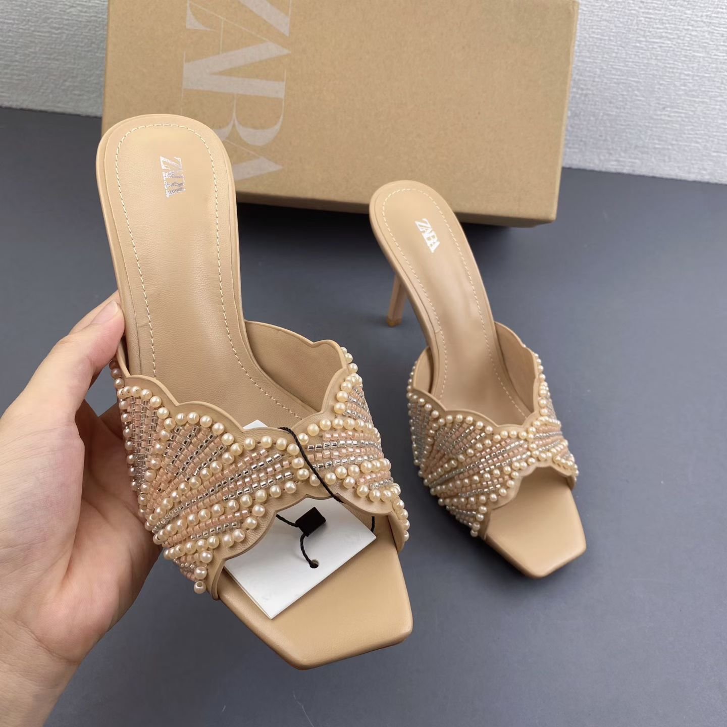 2026/06/1000255069.jpg Zara Pearl & Bead Embellished Heeled Mules - Image 1