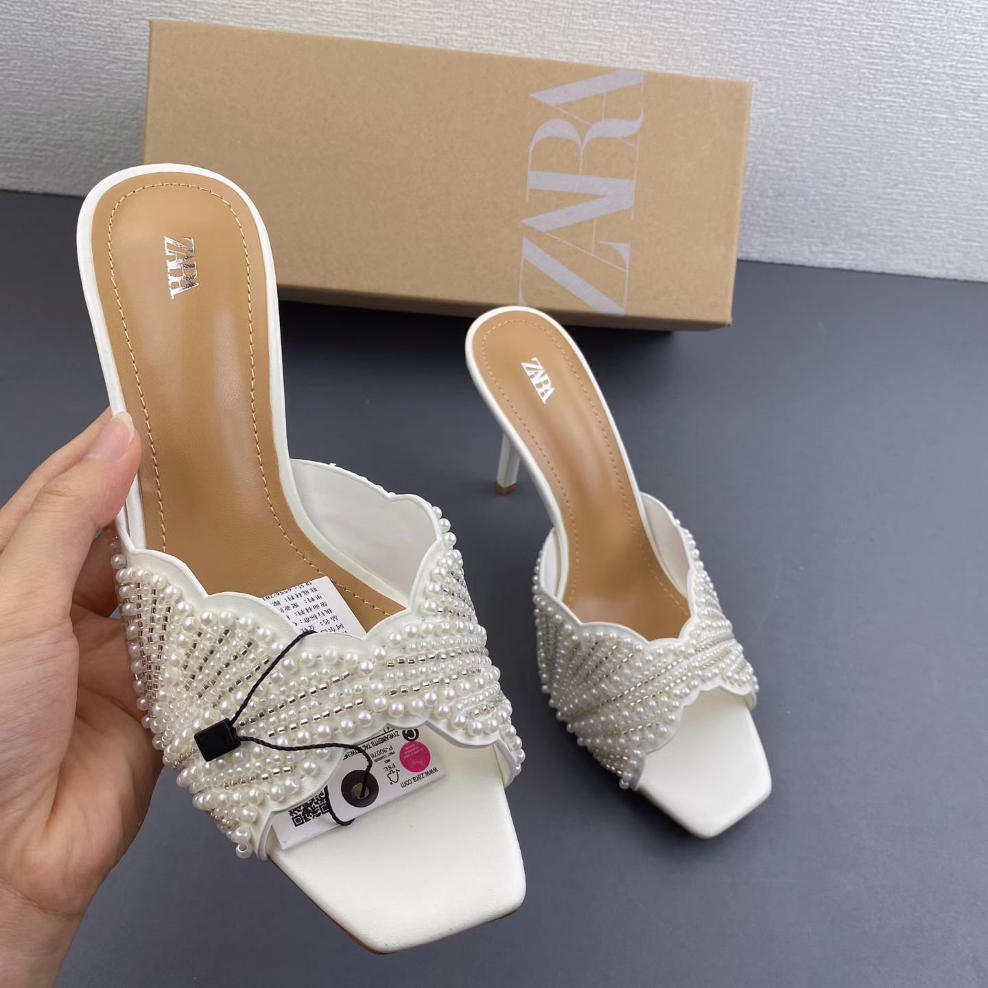 2026/06/1000255071.jpg Zara Pearl & Bead Embellished Heeled Mules - Image 1