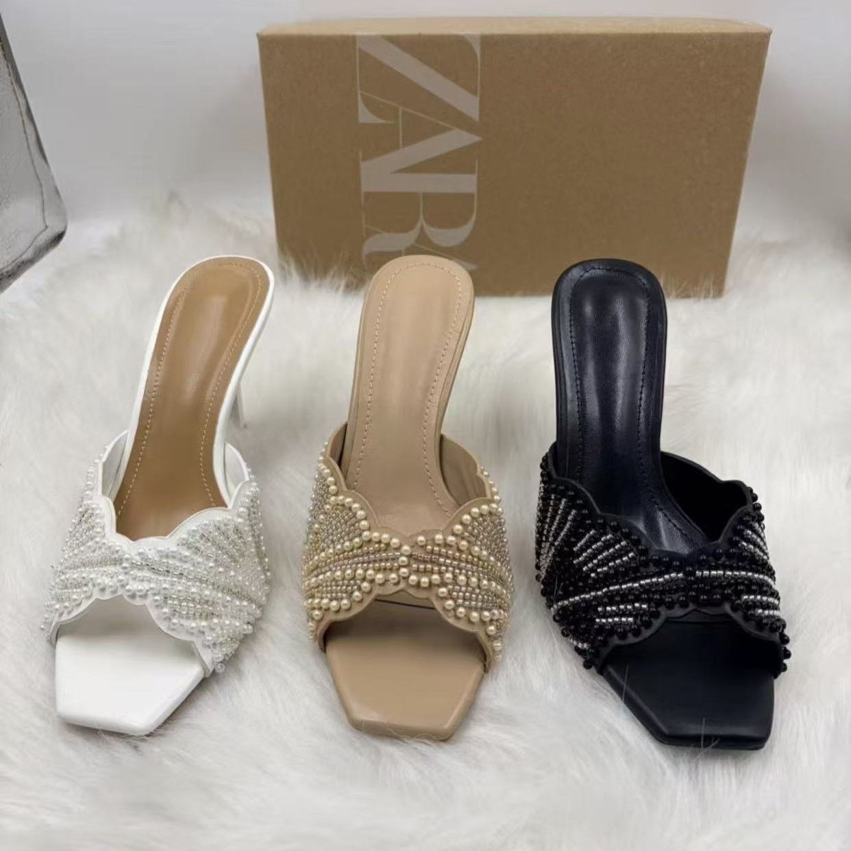 2026/06/1000263852.jpg Zara Pearl & Bead Embellished Heeled Mules - Image 1
