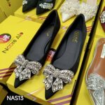 NAS13 - Elegant Black Pointed Heels with Crystal Bow Accent