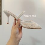 Premium White Mesh Embroidered Pointed Toe Heels with Pearl Detailing - Image 2