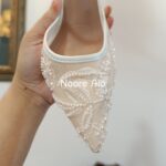 Premium White Mesh Embroidered Pointed Toe Heels with Pearl Detailing - Image 3