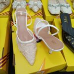 Premium White Mesh Embroidered Pointed Toe Heels with Pearl Detailing