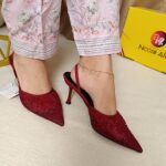 Elegant Maroon Crystal Mesh Pointed Toe Slingback Heels