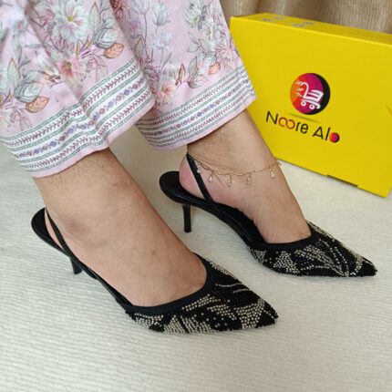 Elegant Pointed Toe Beaded Slingback Heels