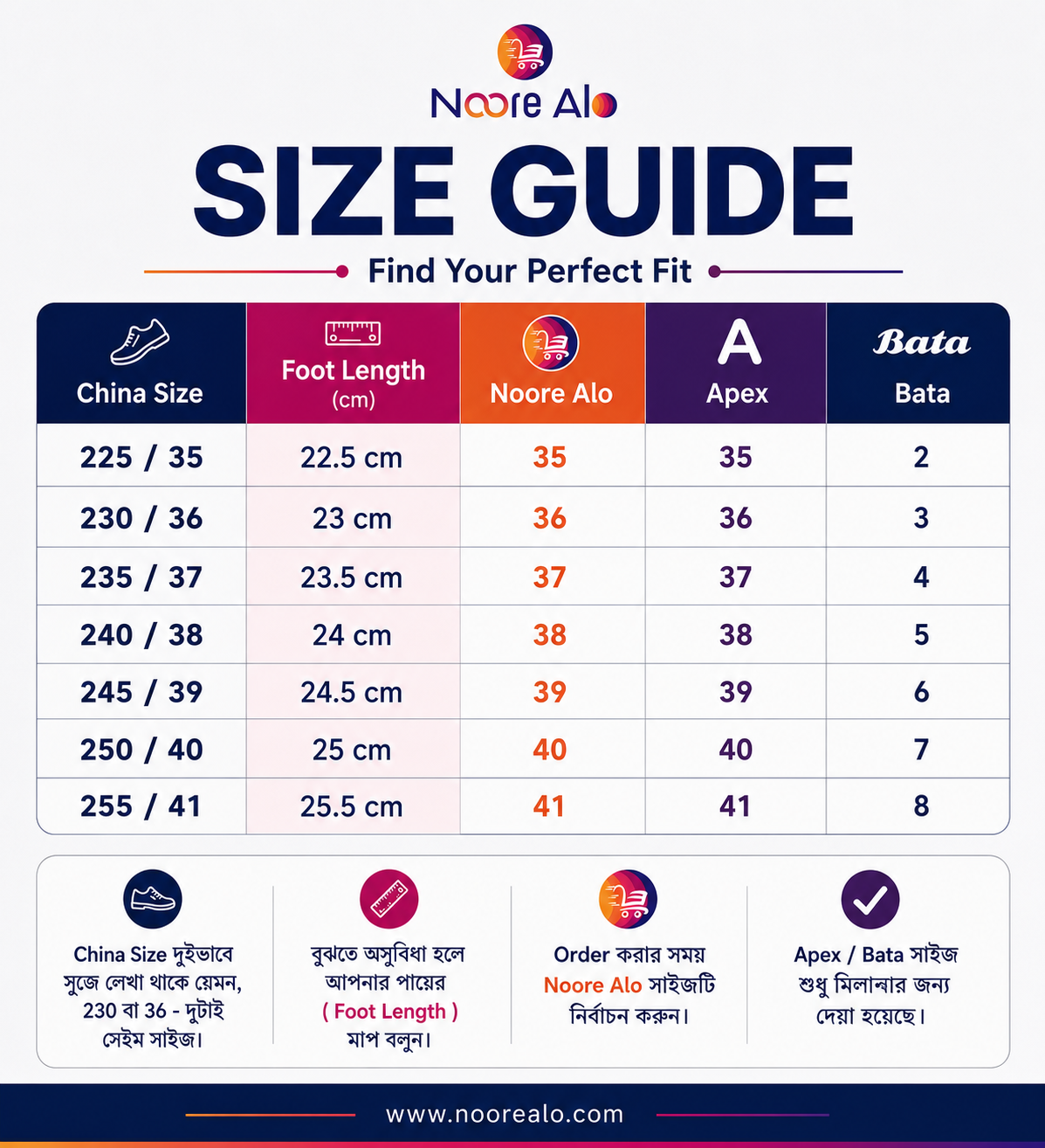 Noore Alo Shoe Size Chart